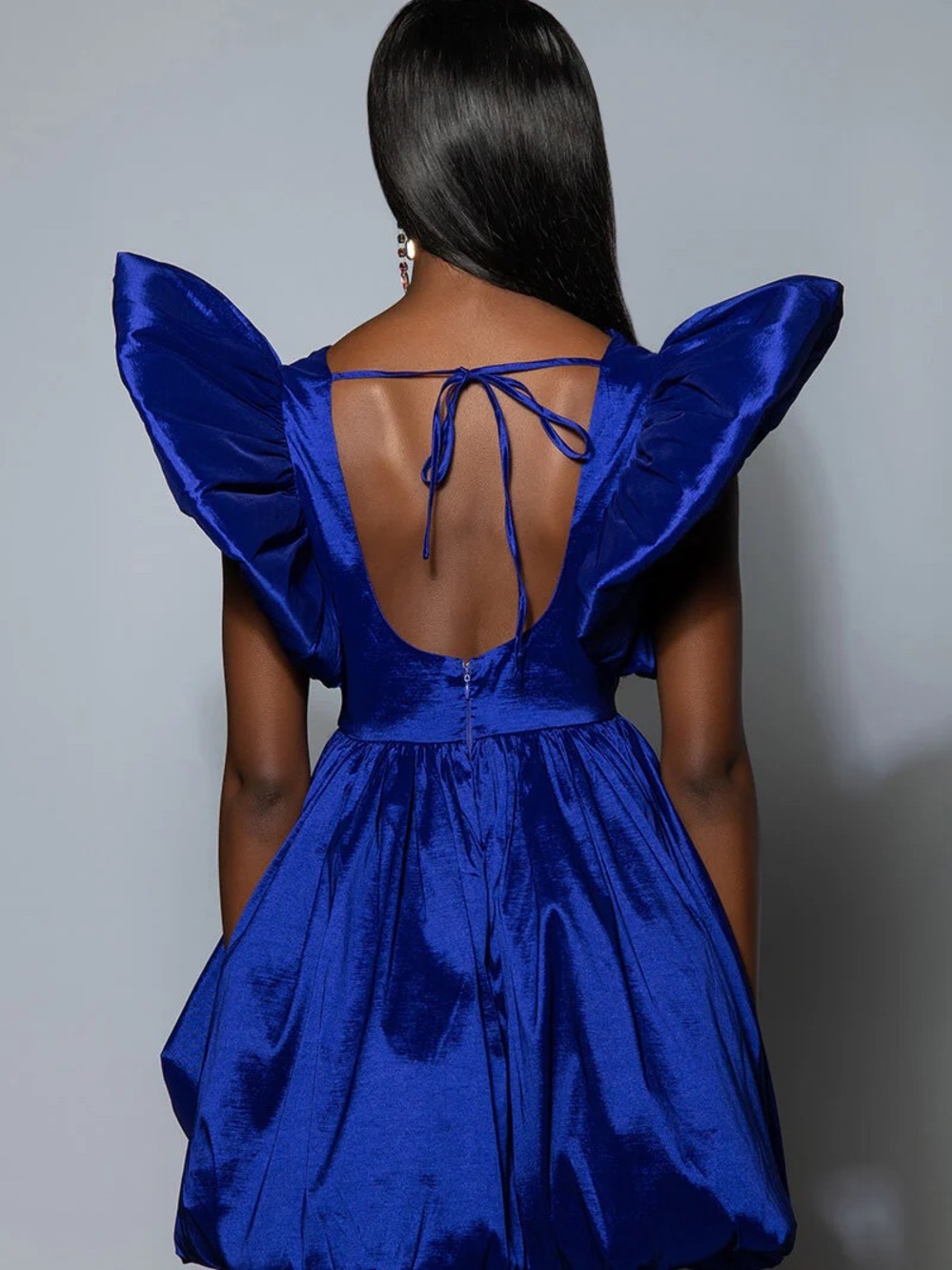 AKIRA CLEMENTINE BUTTERFLY SLEEVE MINI PUFF DRESS IN DARK PURPLE - Picture 6 of 7